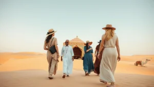Tourists in sun hats and loose long dresses walking on desert dunes with a guide toward a tent