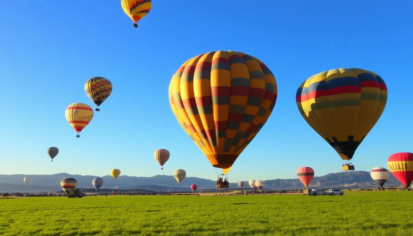 Hot air balloons floating over the vast red desert dunes of Dubai at sunrise, with other balloons in the distance
