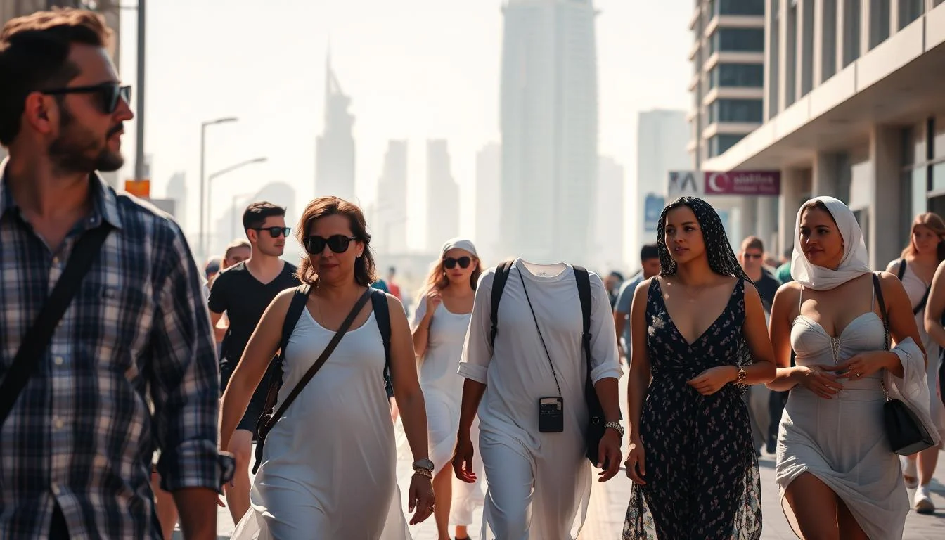 Tourists walking through a Dubai souk, dressed modestly to respect local cultural attire guidelines