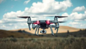 A person flying a small quadcopter drone over a scenic landscape, demonstrating ease of use for beginners