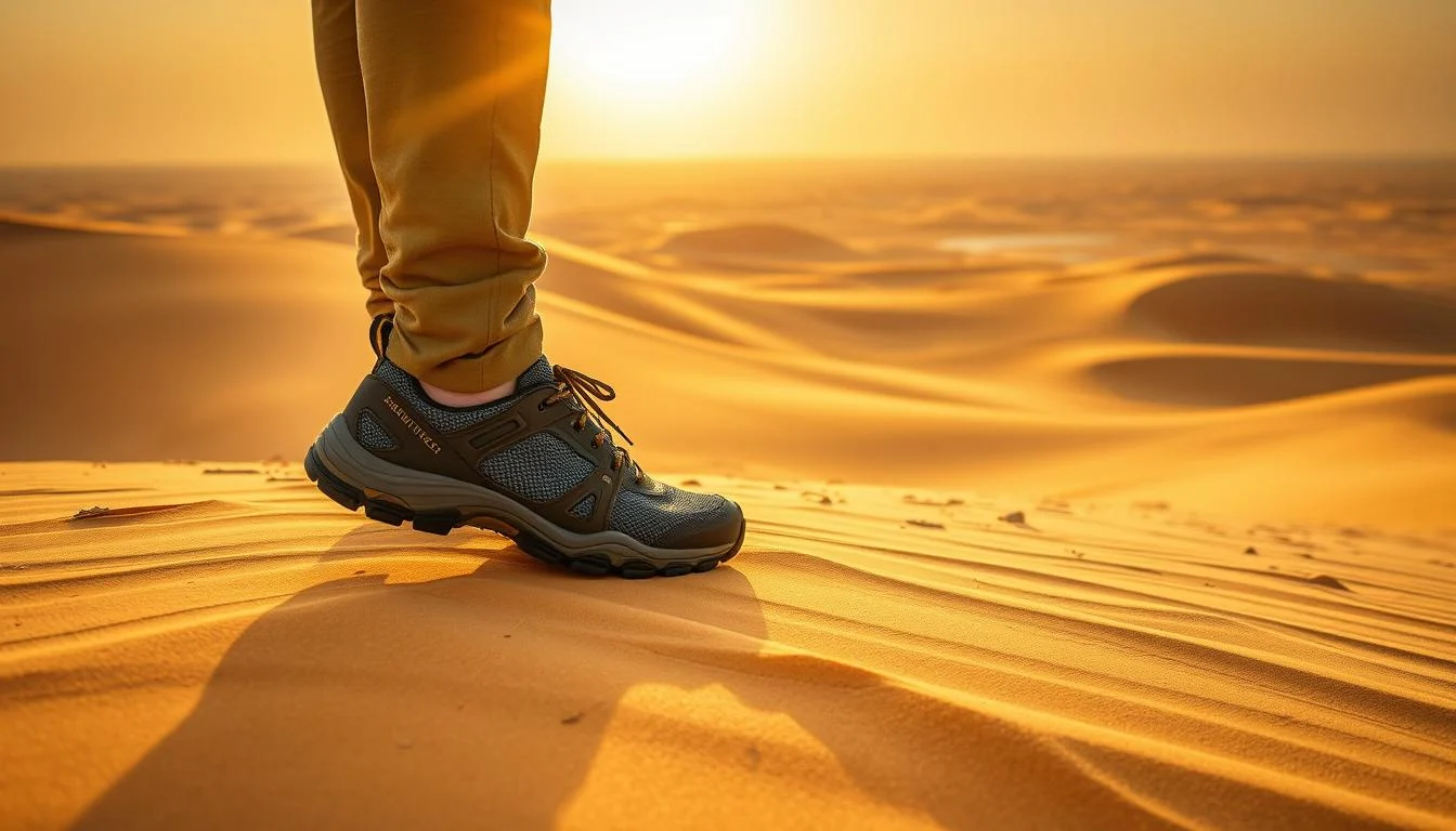 Tourists wearing appropriate footwear for a Dubai desert safari, walking on golden sand dunes under a clear sky