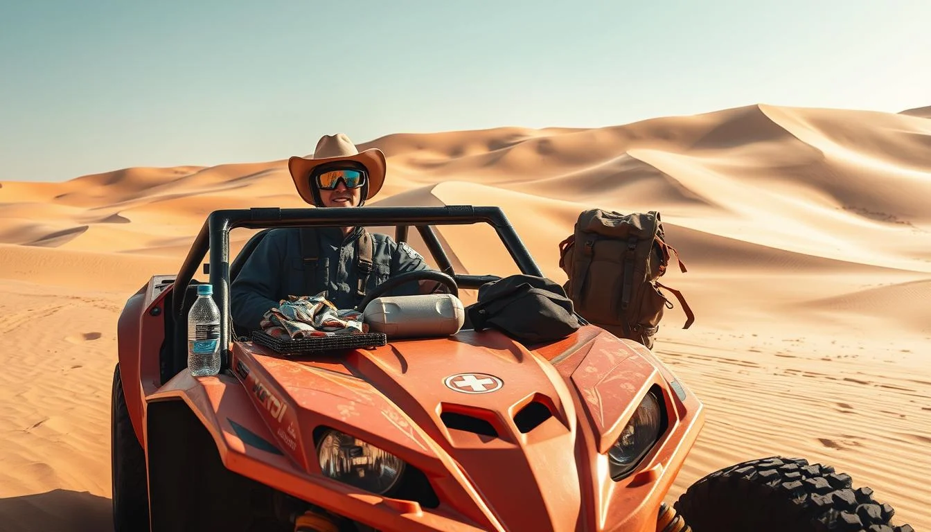 Dune buggy riders wearing helmets and protective gear, kicking up sand as they navigate the vast, golden dunes of the Abu Dhabi desert under a clear s