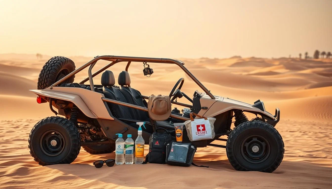 Tourists wearing helmets and goggles, preparing to ride dune buggies across the vast, sandy Dubai desert landscape under a clear sky