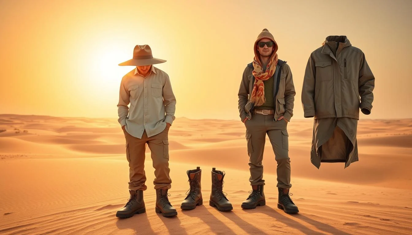Tourists wearing light, loose-fitting clothes and hats for sun protection during a desert safari in Dubai