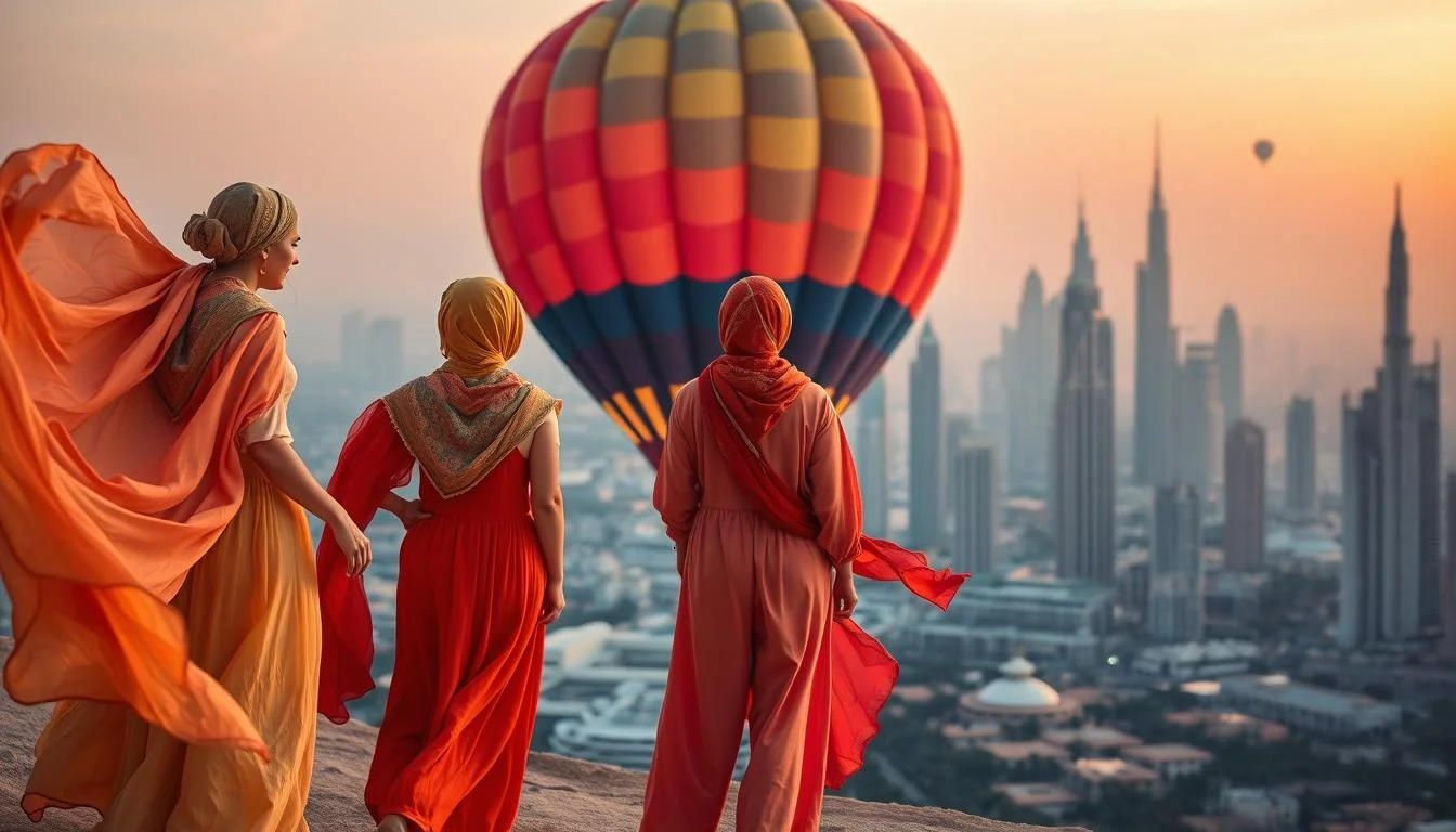 Tourists enjoying a hot air balloon ride over the vast Dubai desert at sunrise, with multiple balloons in the sky