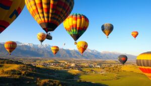 Colorful hot air balloons floating over a green valley and village with snow-capped mountains behind