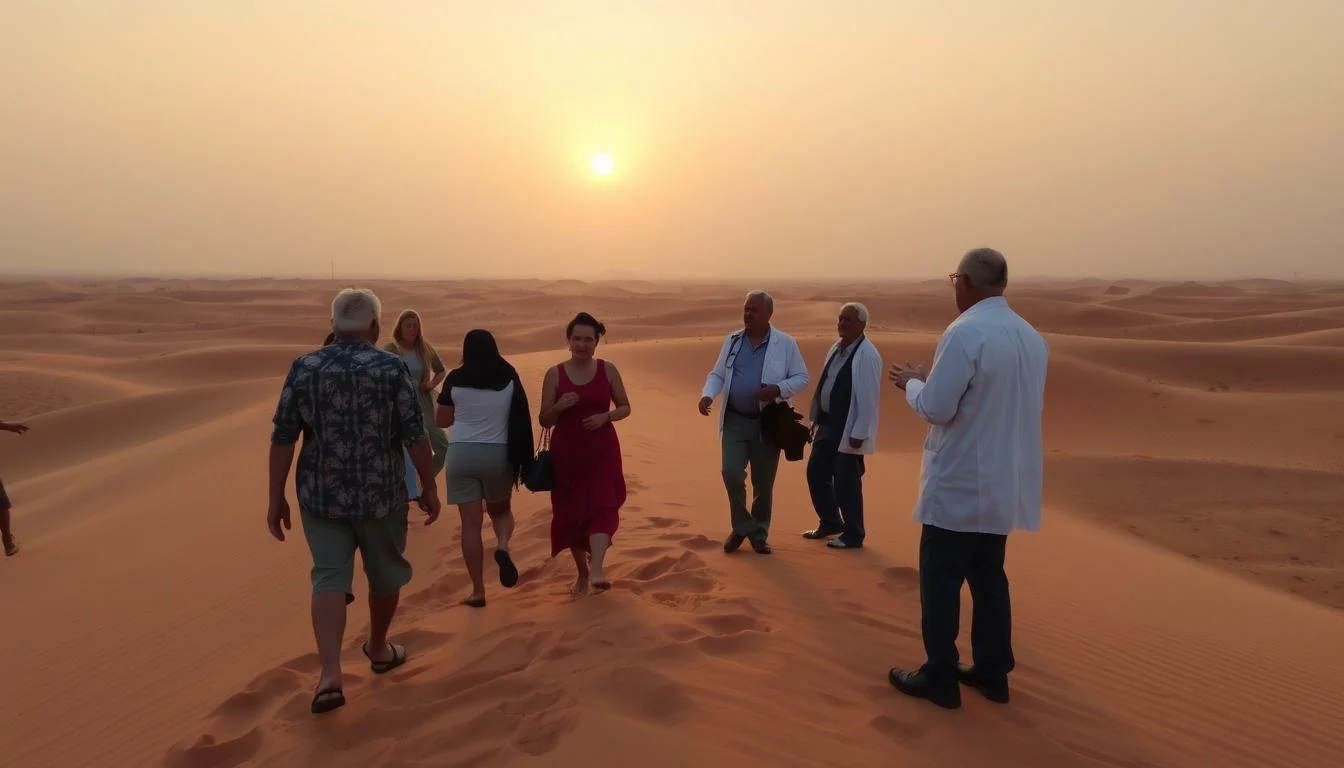 Tourists riding dune buggies across red Dubai dunes at sunset, with some individuals observing from the side
