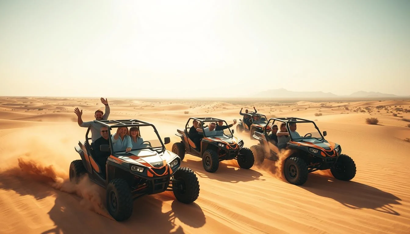 Corporate team members in dune buggies driving across the vast red desert dunes of Dubai during a team-building event at sunset