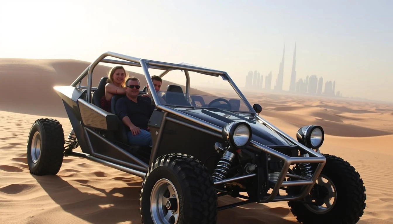 Tourists enjoying a private dune buggy tour across the golden Arabian desert at sunset, highlighting an exclusive VIP off-road adventure