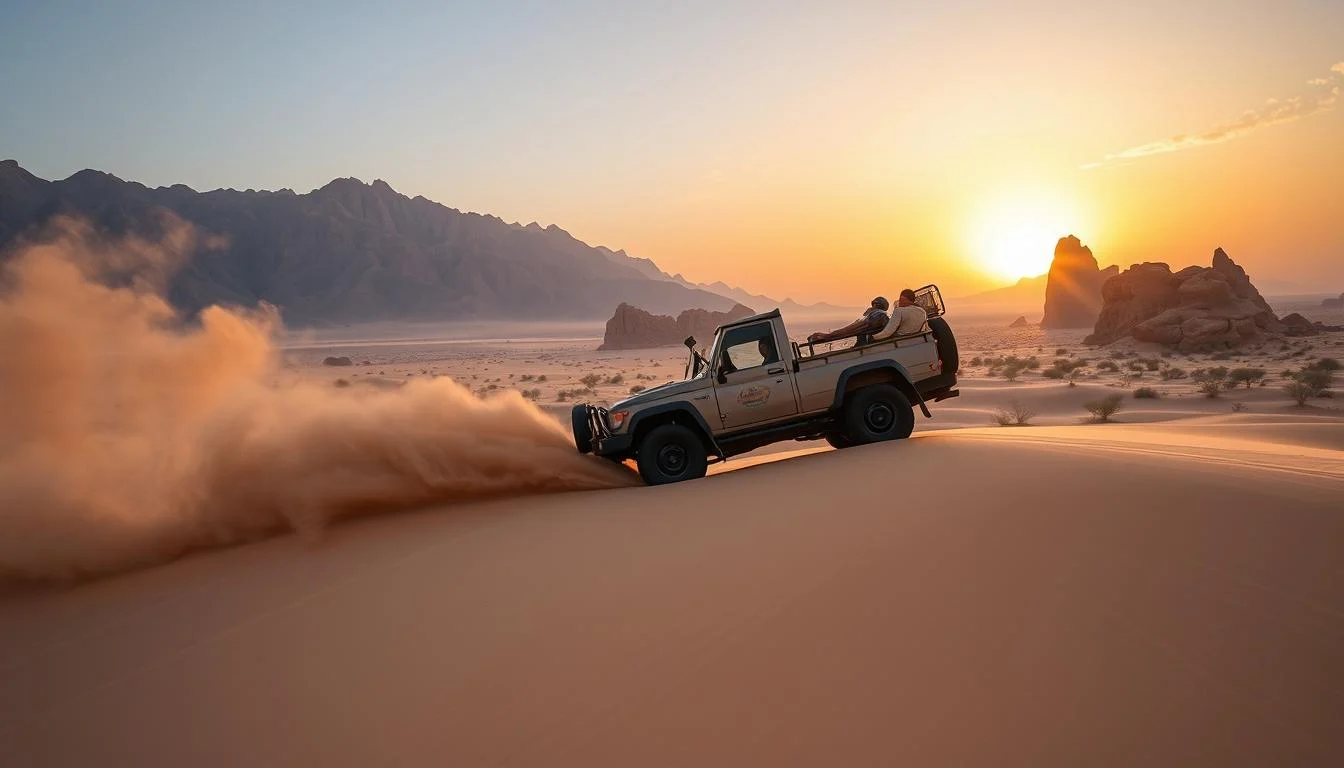 Off-road vehicles kicking up dust on a desert trail in Ras Al Khaimah with mountains in the background under a clear sky