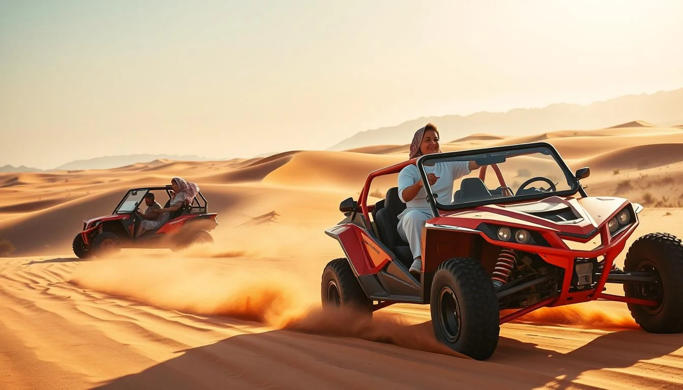 Dune buggy driving across the red sand dunes of Ras Al Khaimah with the Hajar Mountains in the background at sunset