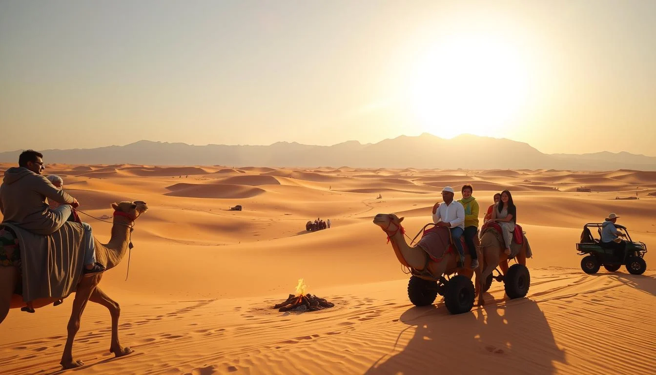 Tourists riding dune buggies across the crimson red dunes of Ras Al Khaimah desert at sunset, with Hajar Mountains in the background.