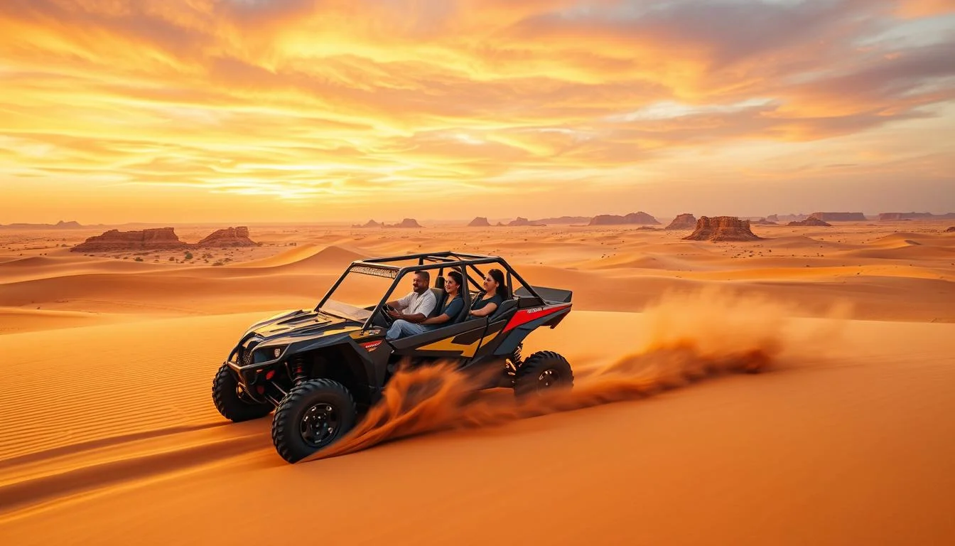 Tourists driving dune buggies across the red dunes of the Dubai desert, with sand flying and a vibrant sunset in the background
