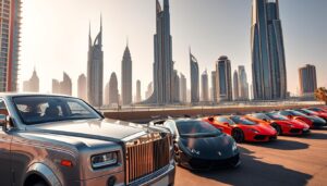 Luxury saloon and a row of black and red supercars parked on a rooftop with a skyline of futuristic towers behind