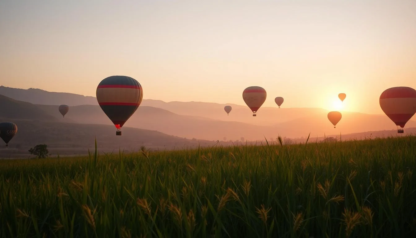 Hot air balloons floating over the golden Dubai desert dunes at sunrise, with the sun casting a soft glow on the horizon