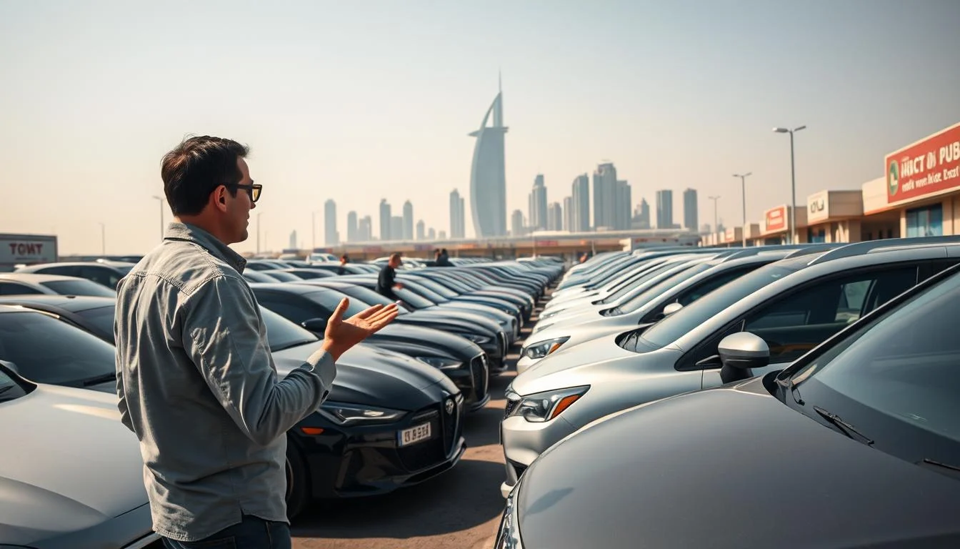 Luxury cars driving on a highway in Dubai with the city skyline in the background, illustrating the vibrant car market