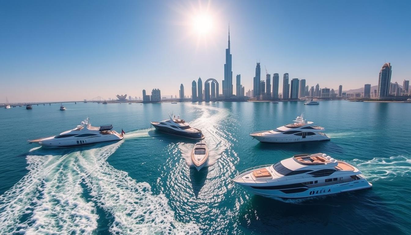 Luxury yacht cruising past the Dubai skyline with the Burj Al Arab visible in the distance at sunset