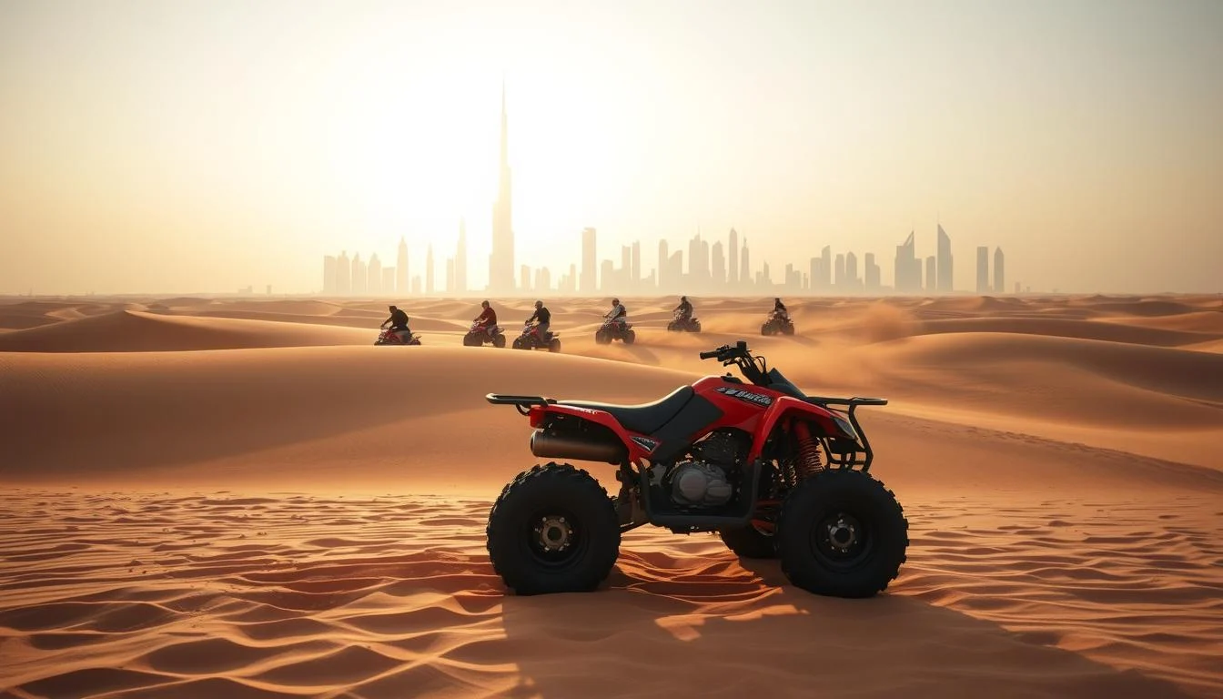 Tourists riding ATV bikes across the vast, majestic red dunes of the Dubai desert under a clear sky, enjoying an off-road adventure