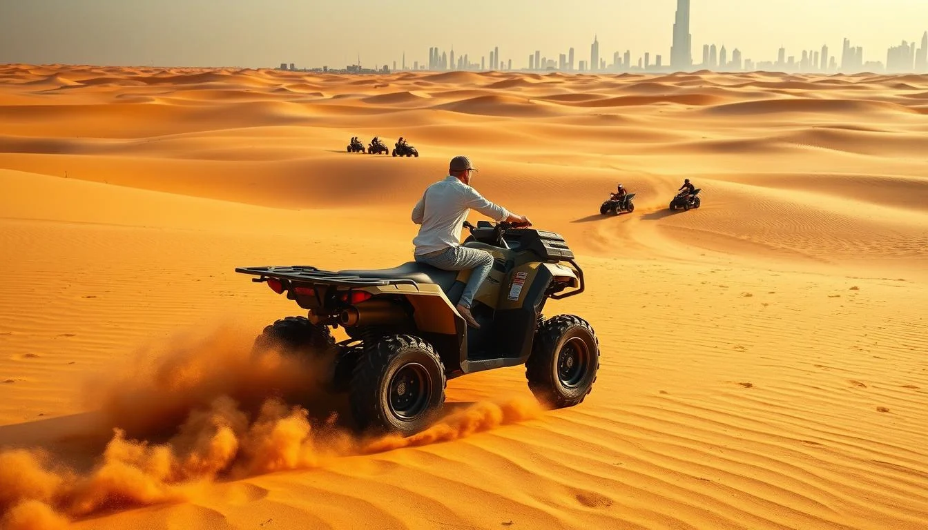 Tourists riding ATVs across the vast sand dunes of the Dubai desert under a clear sky