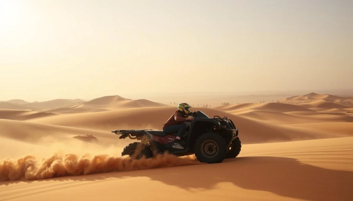 Helmeted rider on an ATV kicking up sand across golden dunes in hazy sunlight on an ATV desert safari in Dubai