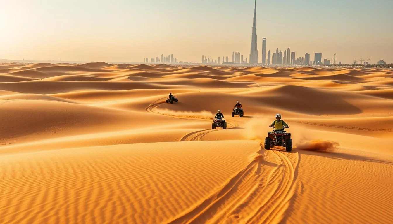 ATV riders crossing rippled sand dunes with the Dubai skyline and a tall tower on the horizon