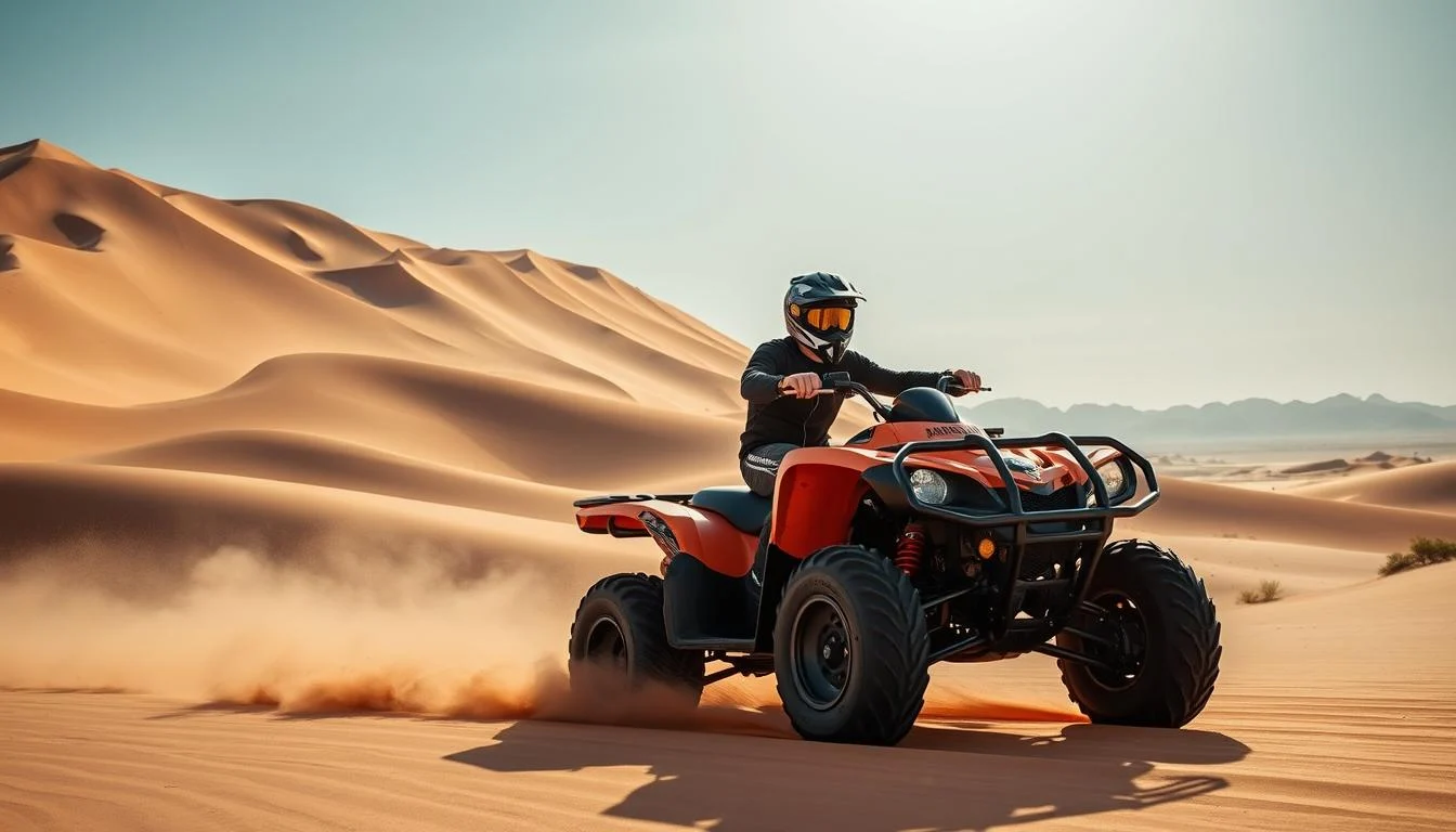 Tourists riding ATV quad bikes through the golden sand dunes of the Dubai desert under a clear blue sky
