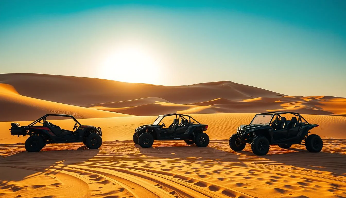 Tourists riding quad bikes and dune buggies across the vast golden dunes of Dubai's desert under a clear sky