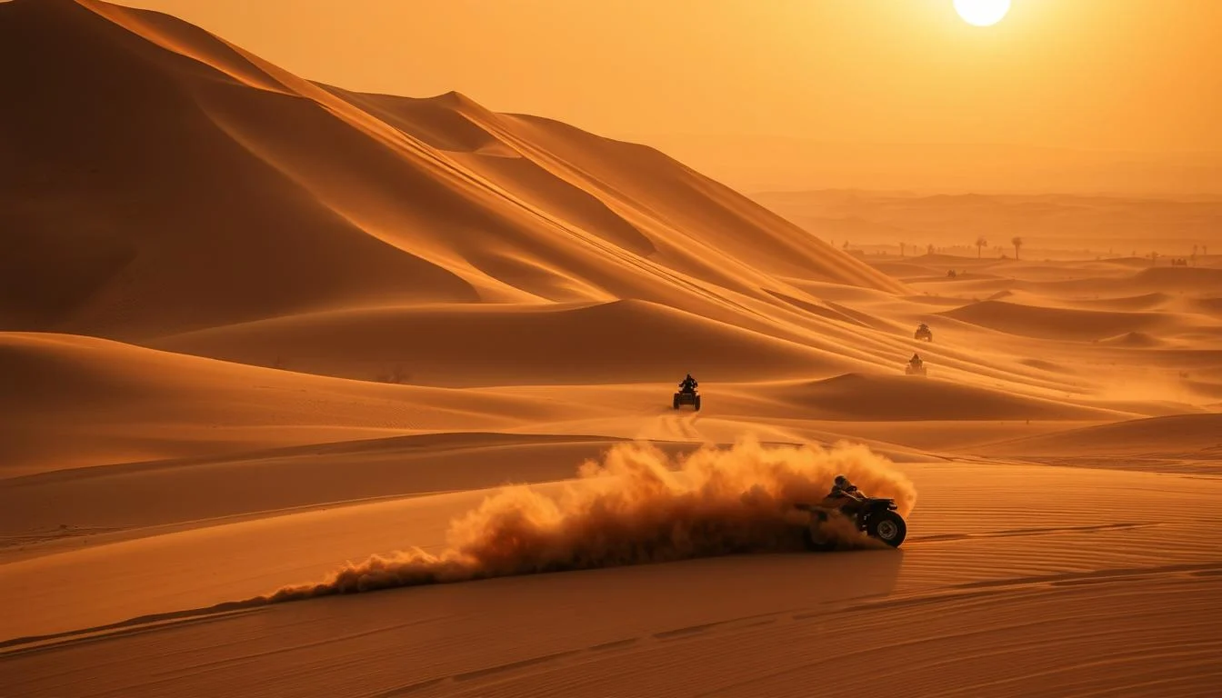 Tourists riding ATVs through the golden sand dunes of Dubai's desert under a clear blue sky, kicking up sand