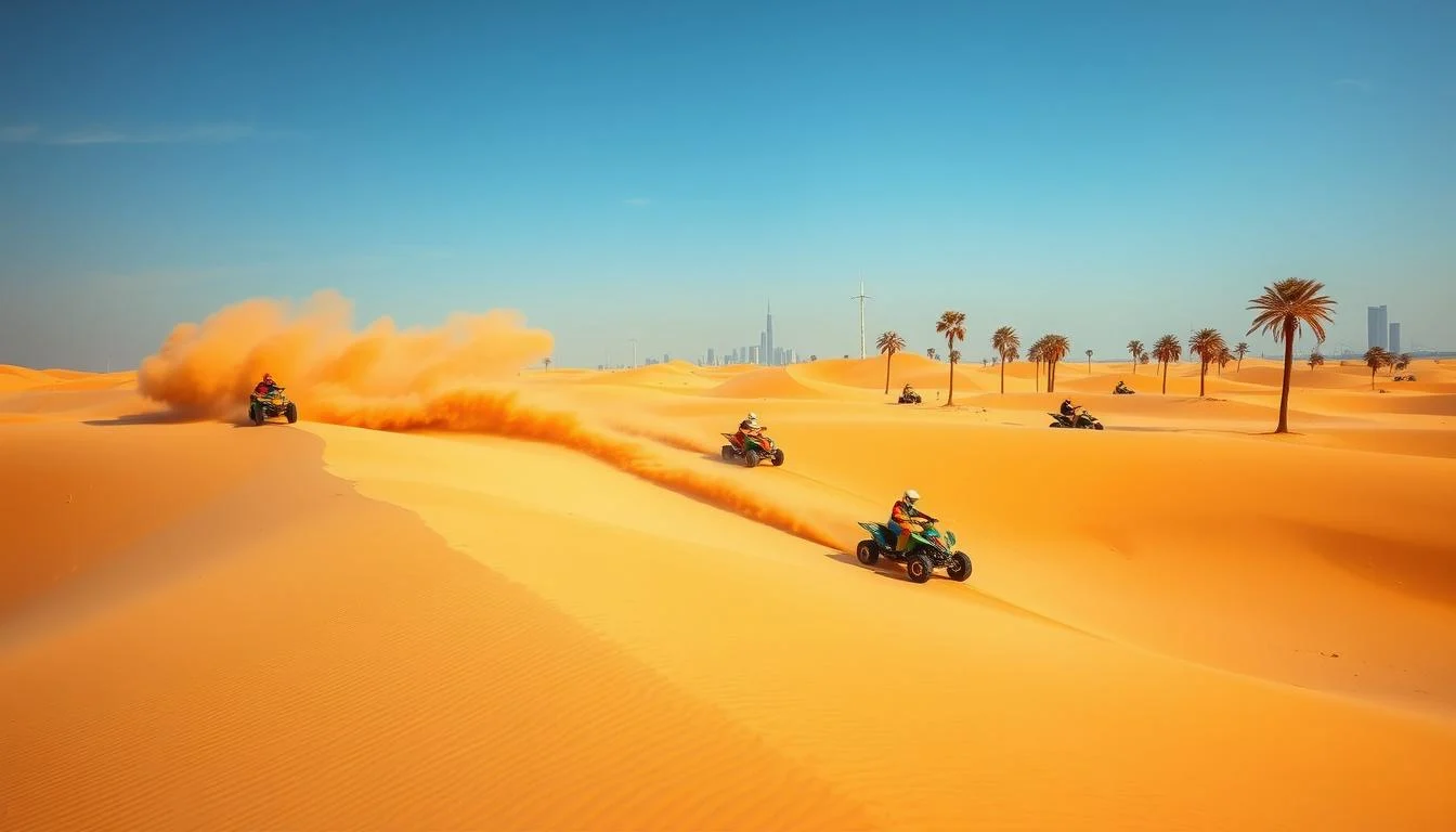 Tourists riding ATVs across golden Dubai desert dunes under a clear sky, experiencing an adrenaline rush