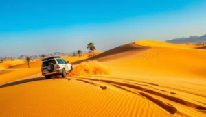 Tourists enjoying a thrilling sand dune driving experience in a 4x4 vehicle across Dubai's vast desert landscape