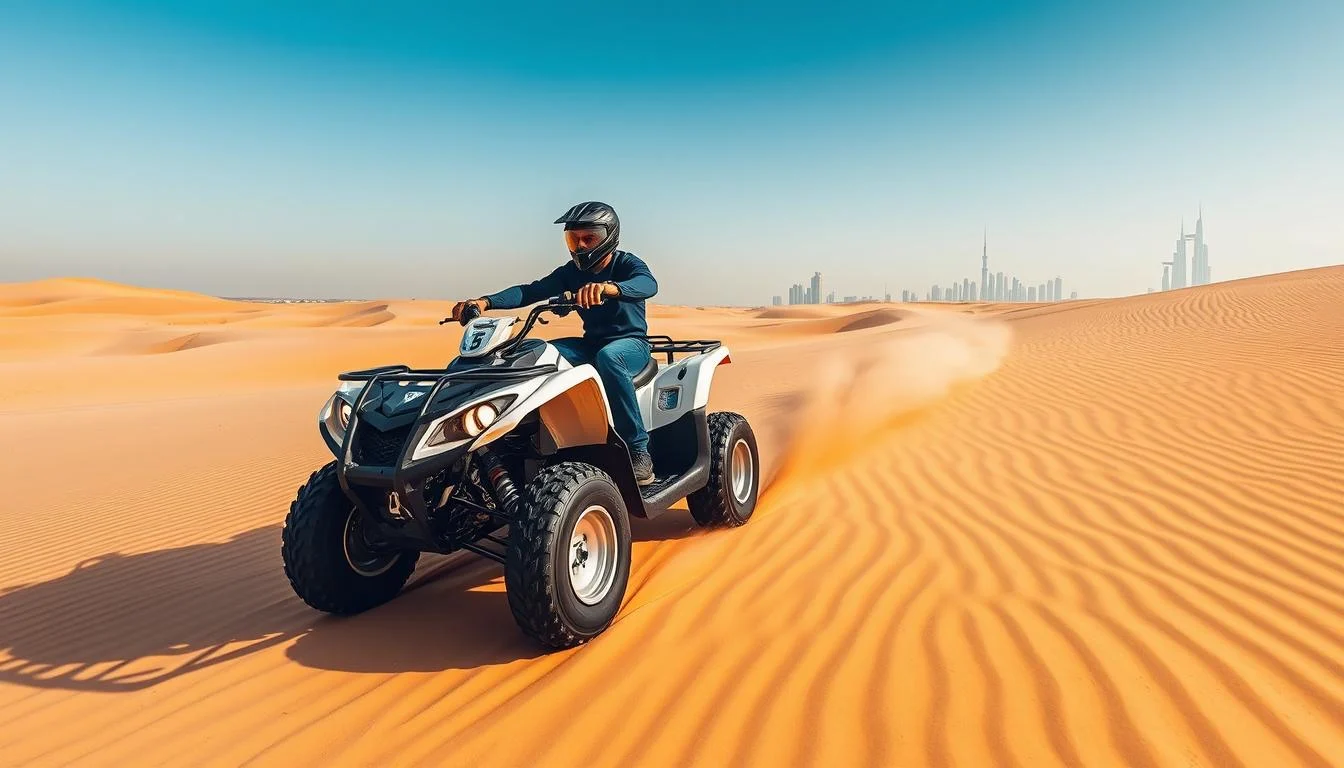 Adventurous tourists on quad bikes speeding across the golden sand dunes of the Arabian desert in Dubai at sunset