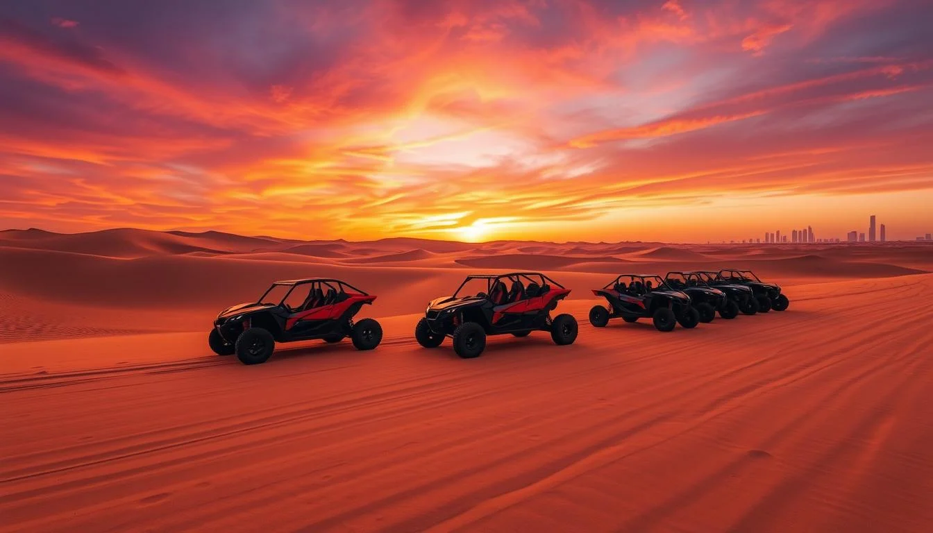 Tourists riding powerful dune buggies across the golden sand dunes of the Arabian desert in Dubai at sunset