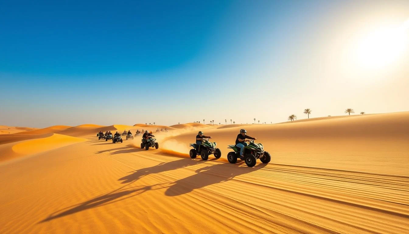 Tourists riding dune buggies and quad bikes across the golden Arabian Desert dunes in Dubai at sunset, enjoying an off-road adventure