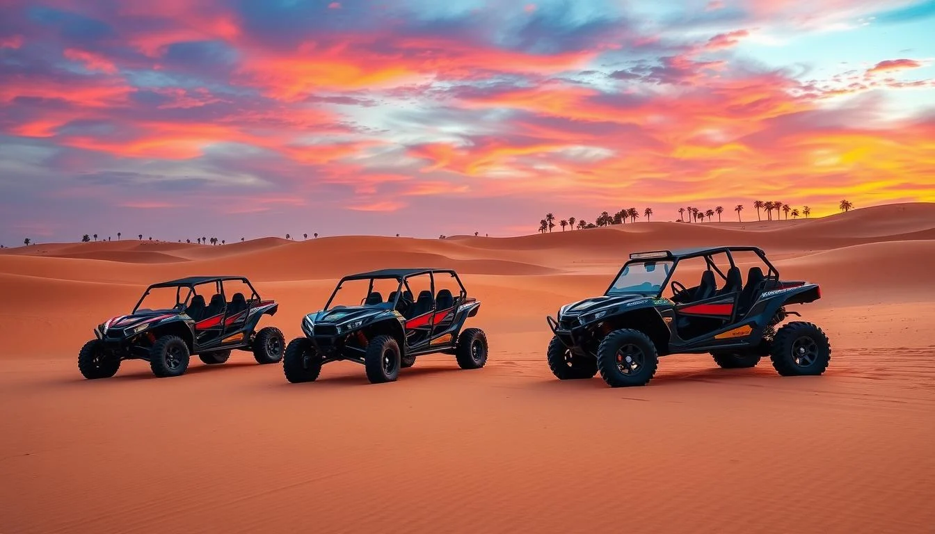 Tourists riding dune buggies and quad bikes across golden Dubai desert dunes under a clear blue sky