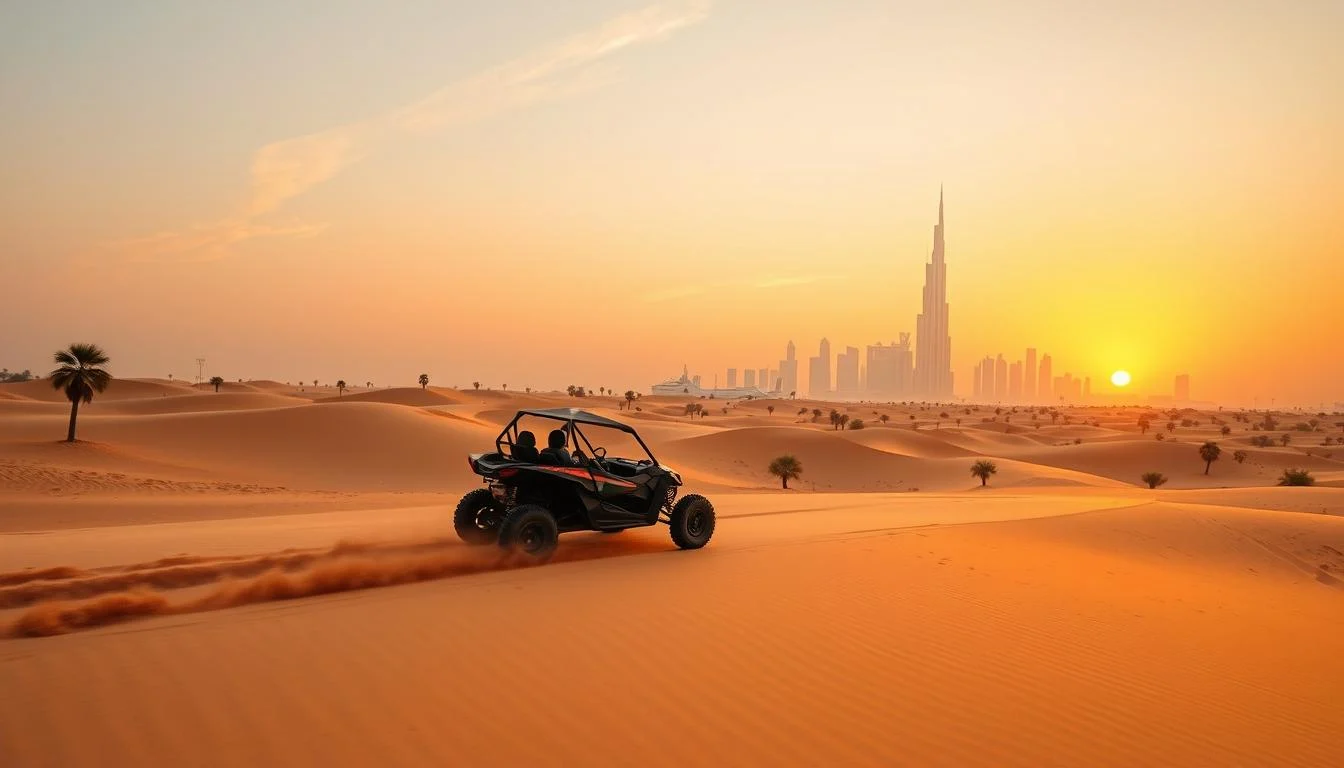 Tourists driving dune buggies across the vast, sun-kissed red dunes of the Dubai desert, kicking up sand trails
