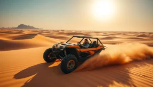 Man riding an orange and black buggy through the desert dunes, spraying a plume of sand under a low sun