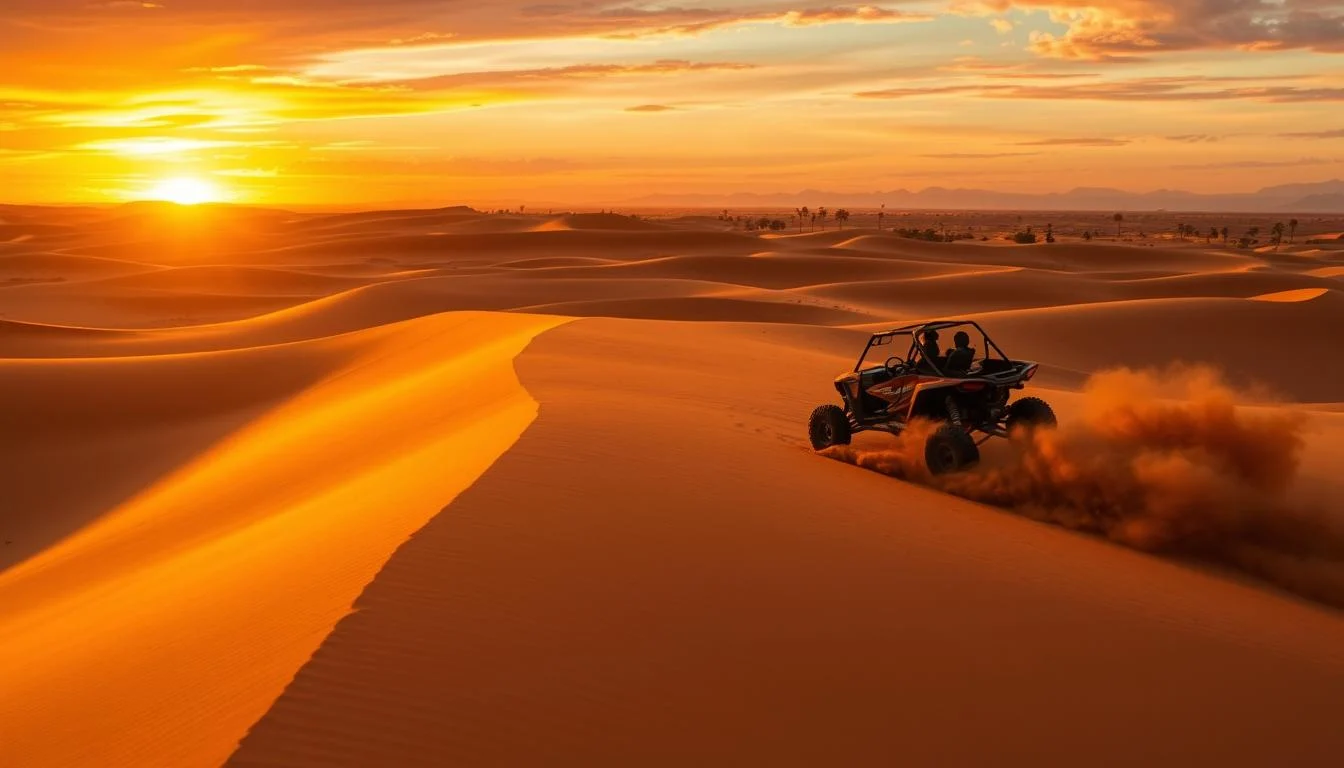 Desert buggy driving along a dune ridge at sunset, kicking up sand on a Dubai desert adventure