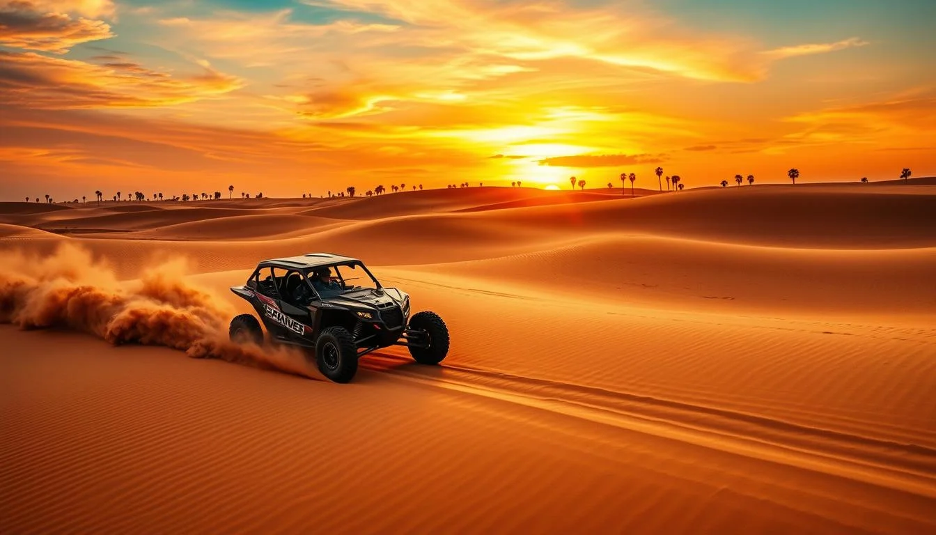 Tourists driving dune buggies across the red dunes of the Dubai desert under a clear blue sky