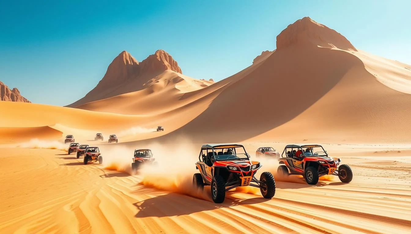 Tourists driving powerful 4-wheel dune buggies across the vast, sun-kissed dunes of the Dubai desert at sunset