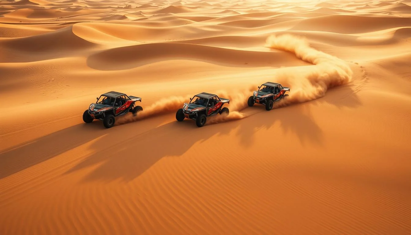 Tourists driving dune buggies across vast red sand dunes in Dubai during a thrilling desert adventure at sunset