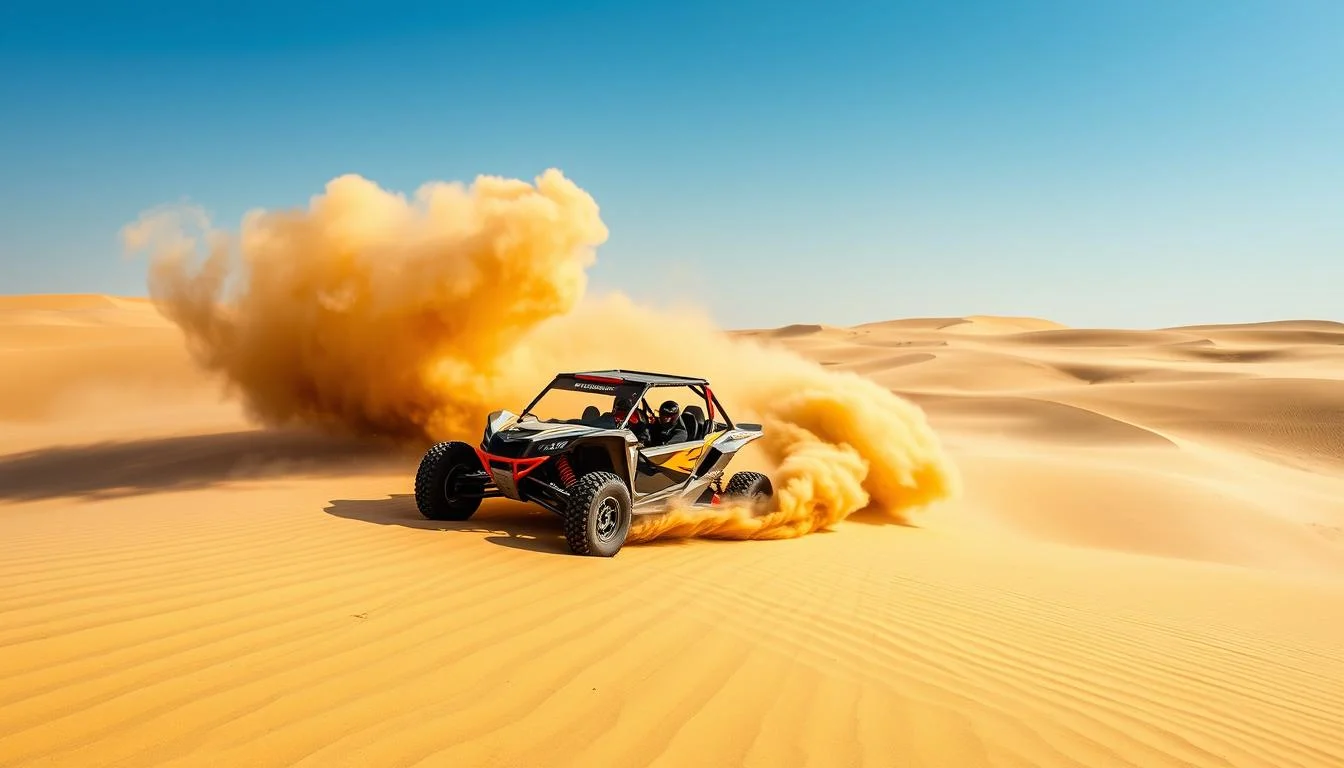 Tourists driving dune buggies across the golden sand dunes of the Arabian desert under a clear blue sky in Dubai