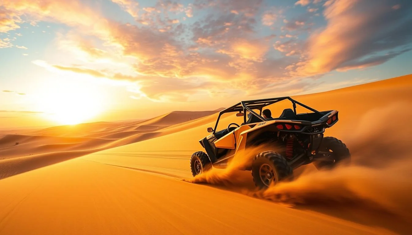 Tourists riding powerful dune buggies across the vast, sun-kissed desert landscapes of Dubai, with golden sands stretching to the horizon