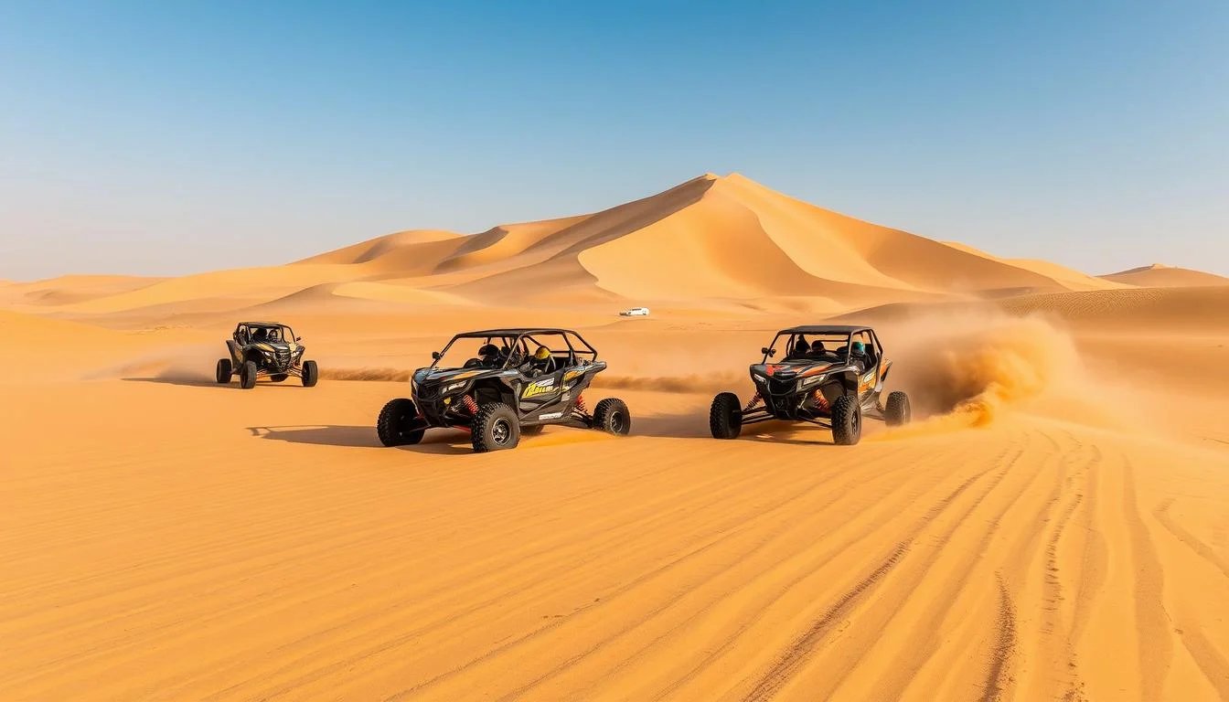 Tourists riding dune buggies across vast, sun-kissed red Dubai desert dunes with a clear blue sky overhead