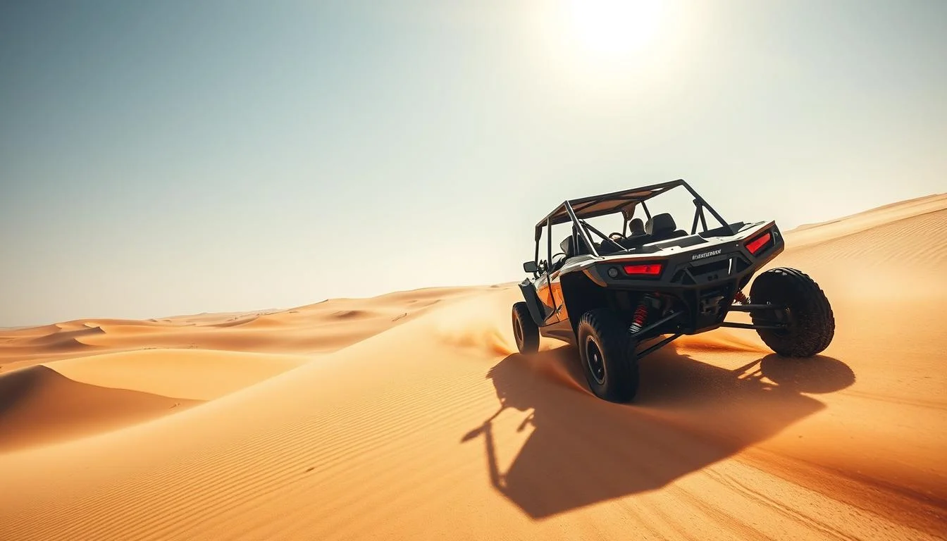 Tourists riding dune buggies across the vast, untouched desert beauty of Dubai's red dunes at sunset