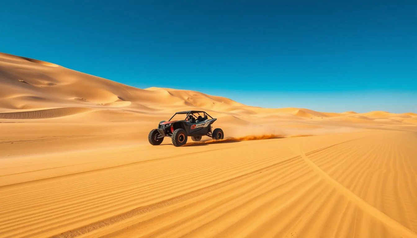 Tourists riding dune buggies across the vast, glowing dunes of Dubai's desert at sunset, with engines roaring and wind in their hair