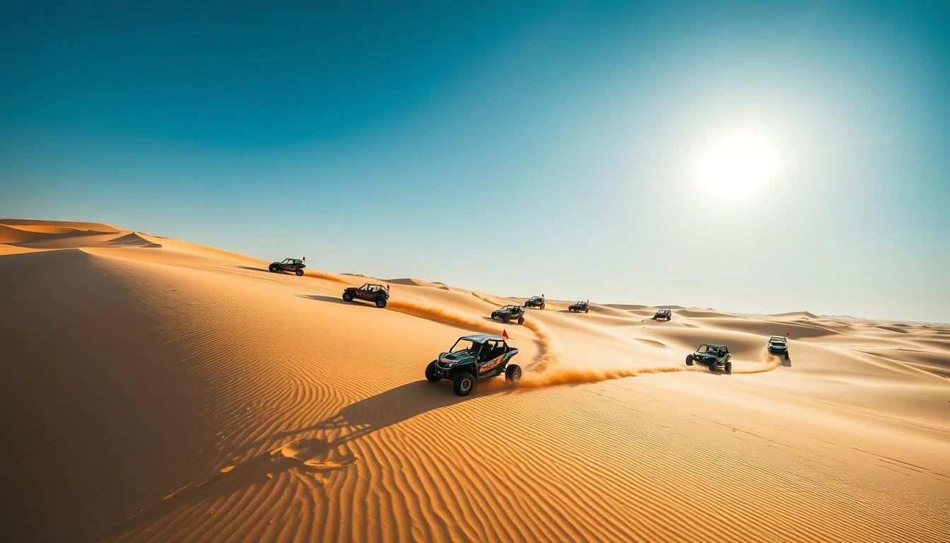 Tourists driving dune buggies across the vast, sun-kissed red dunes of the Arabian desert in Dubai at sunset