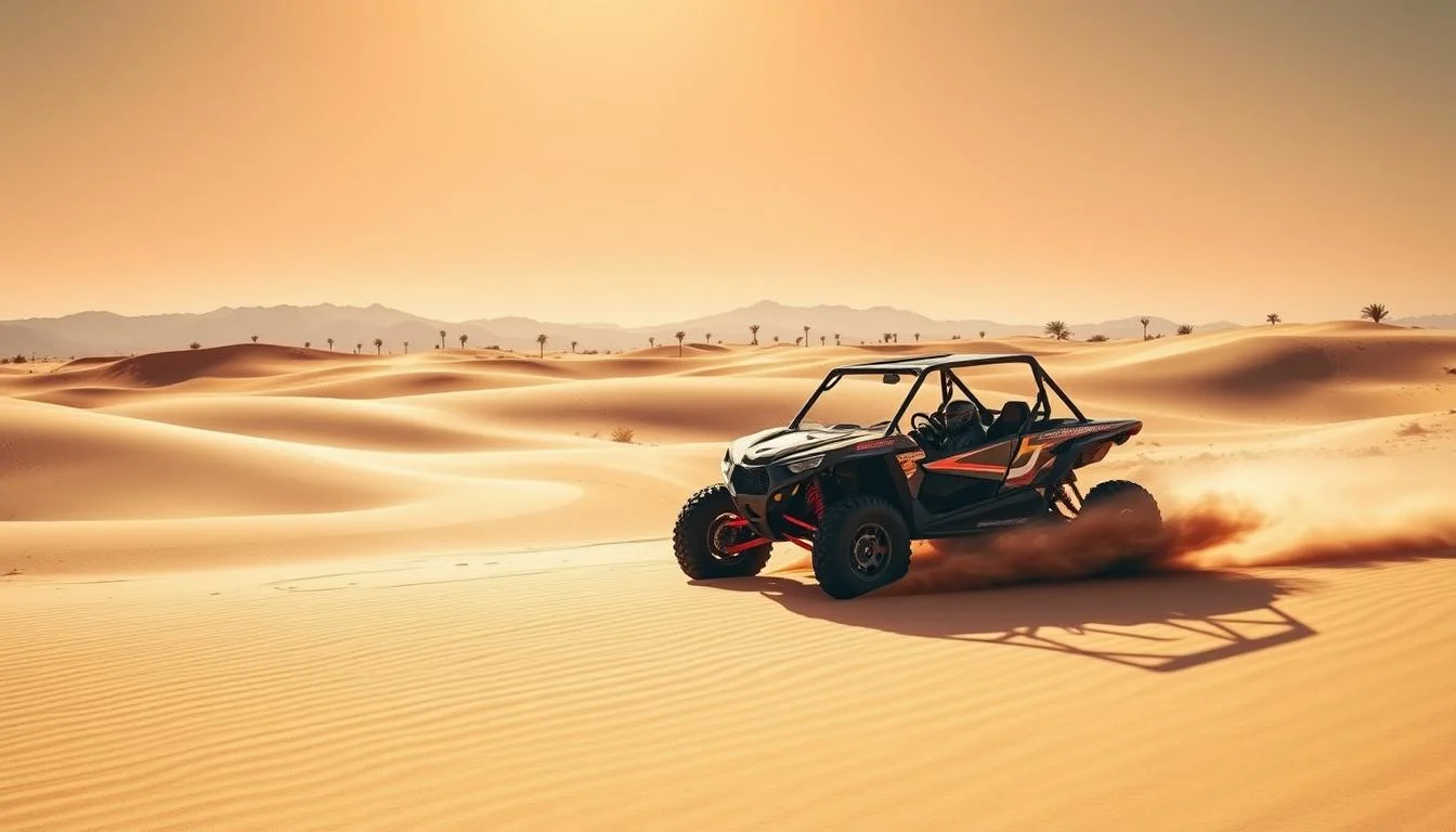 Tourists driving powerful off-road buggies through the vast, untouched landscapes of the Arabian Desert at sunset