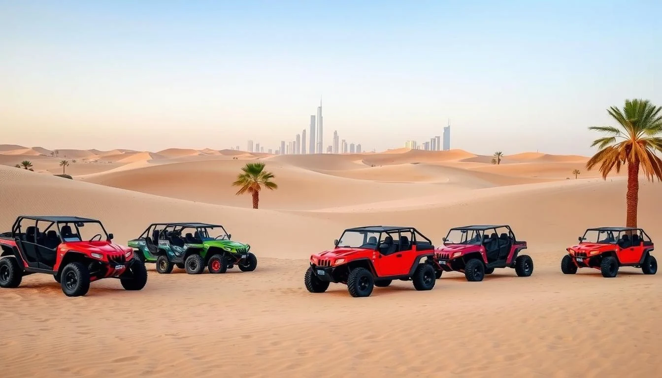 Tourists driving high-performance dune buggies through the vast, golden sand dunes of the Dubai desert under a clear blue sky