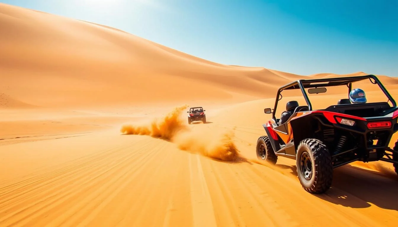 Tourists riding dune buggies across red Dubai desert dunes at sunset, kicking up sand as they navigate the challenging terrain
