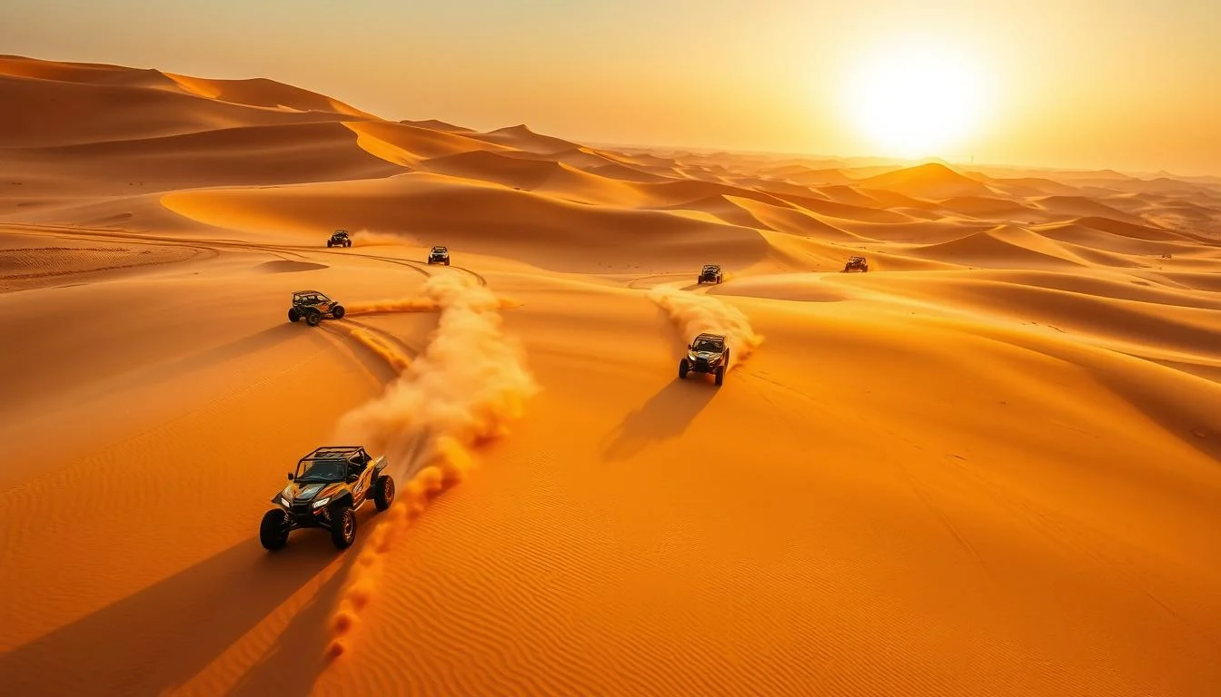 Tourists driving dune buggies across the vast, golden sand dunes of Dubai's desert at sunset, kicking up sand